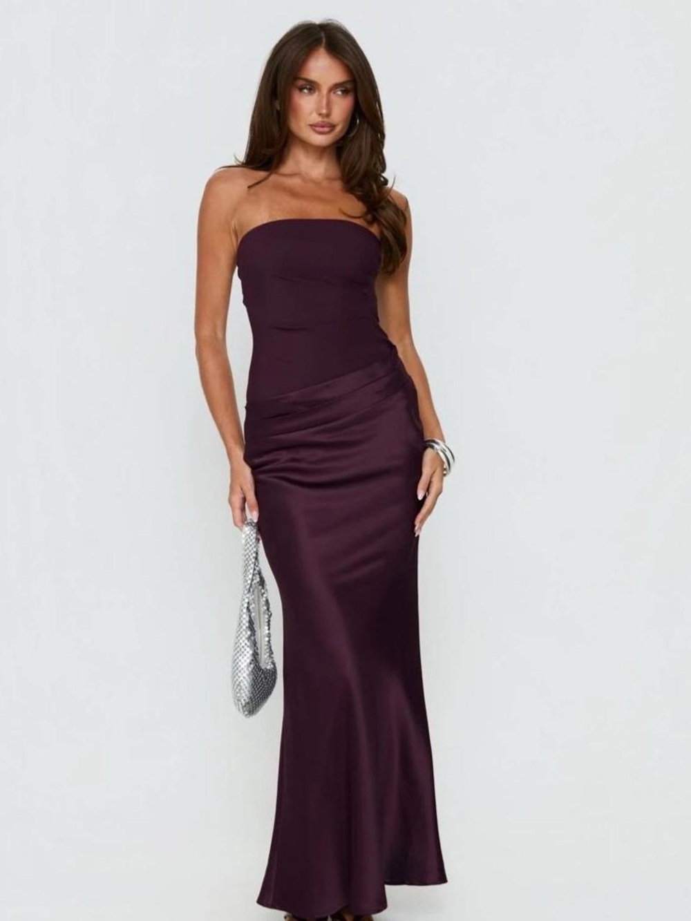 Princess Polly Strapless Satin Maxi Dress in Plum